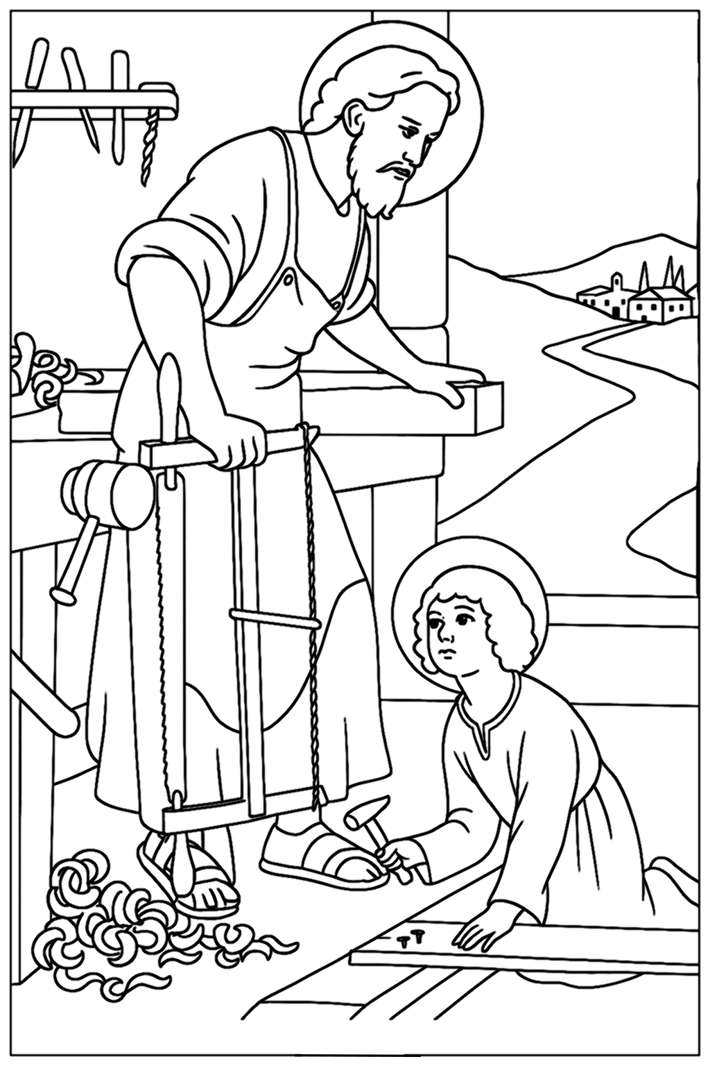 De heilige Jozef met het Jezuskind in zijn werkplaats