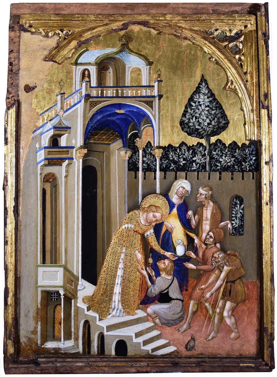 De Heilige Lucia schenkt aalmoezen na haar bedevaart naar het graf van de heilige Agatha in Catania.