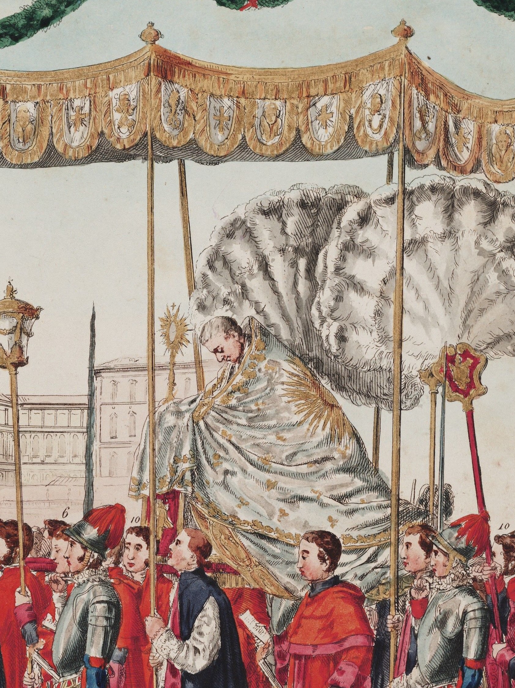 Paus Gregorius XVI op de draagstoel onder het baldakijn tijdens de Sacramentsprocessie