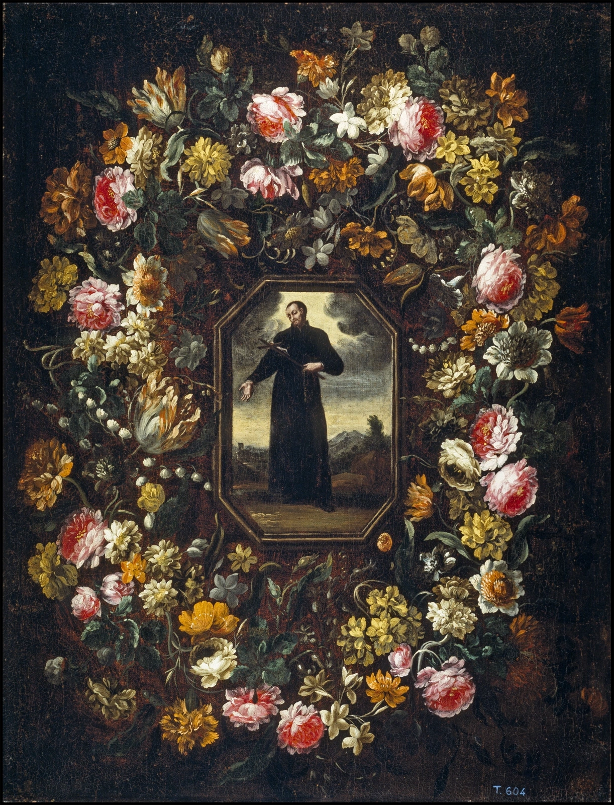 De heilige Camillus van Lellis, omgeven door een bloemenkrans