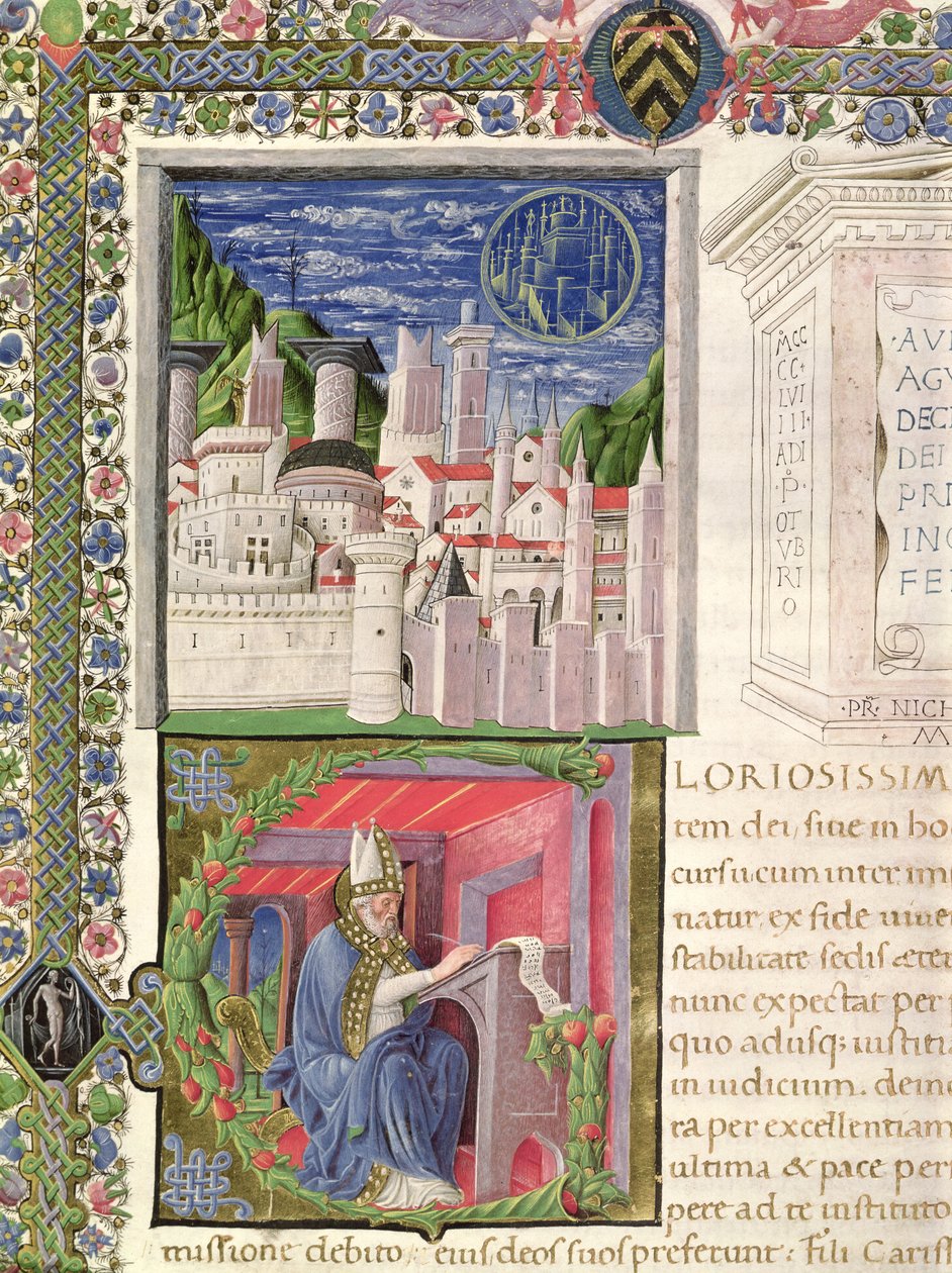 De heilige Augustinus schrijvend aan De Stad Gods