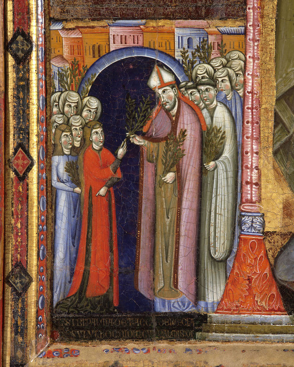 De heilige Clara ontvangt op Palmzondag de palmtak van de bisschop van Assisi