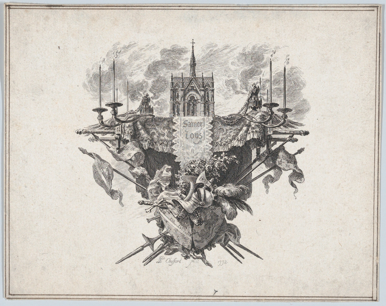 Vignet ter ere van de H. Lodewijk IX met de Sainte-Chapelle en de Franse koninklijke lelies